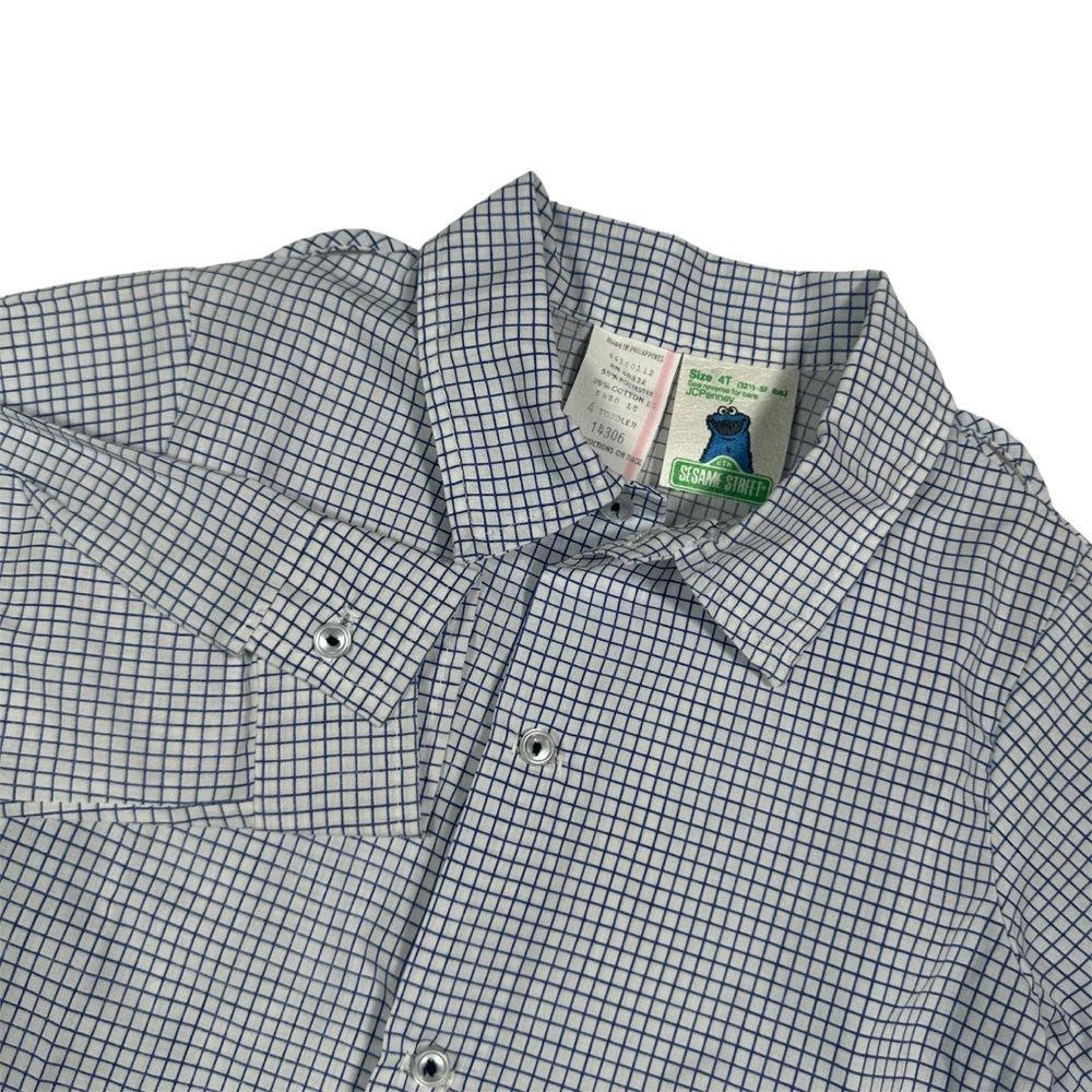 Vintage Sesame Street Boys Blue White Checked Button Shirt Size 4T 90s Kidswear